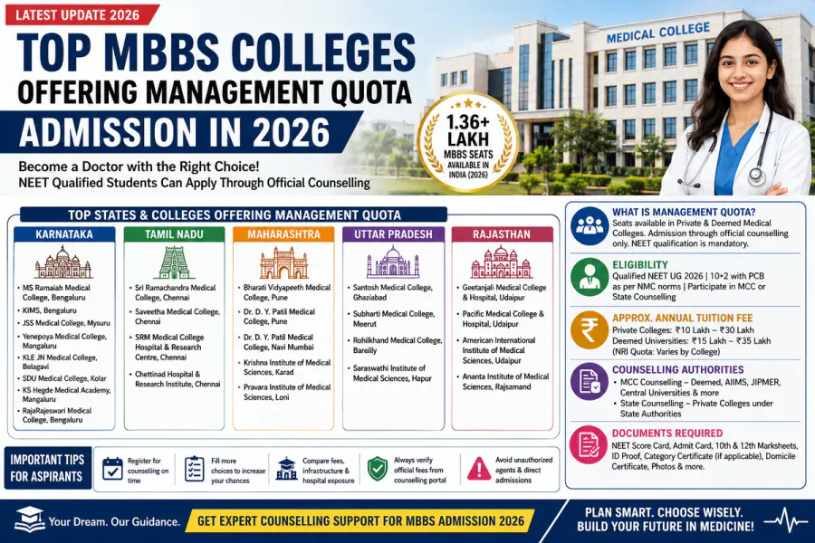 Top MBBS Colleges Offering Management Quota Admission in 2026 – Fees, Eligibility & Admission Guide