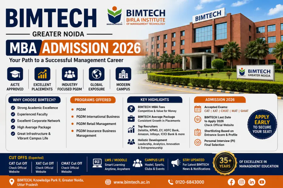 BIMTECH MBA Admission 2026: Fees, Average Package, CAT Cut Off, CMAT Cut Off & Last Date to Apply