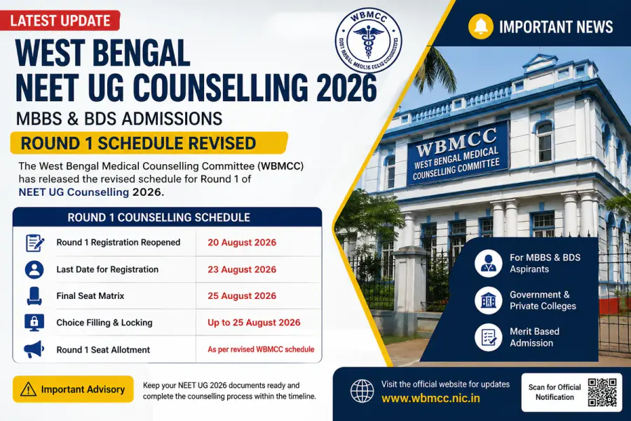 West Bengal NEET UG Counselling 2026: Revised Round 1,Round 2, Round 3 and the Stray Vacancy Round,Schedule, Dates & MBBS Admission