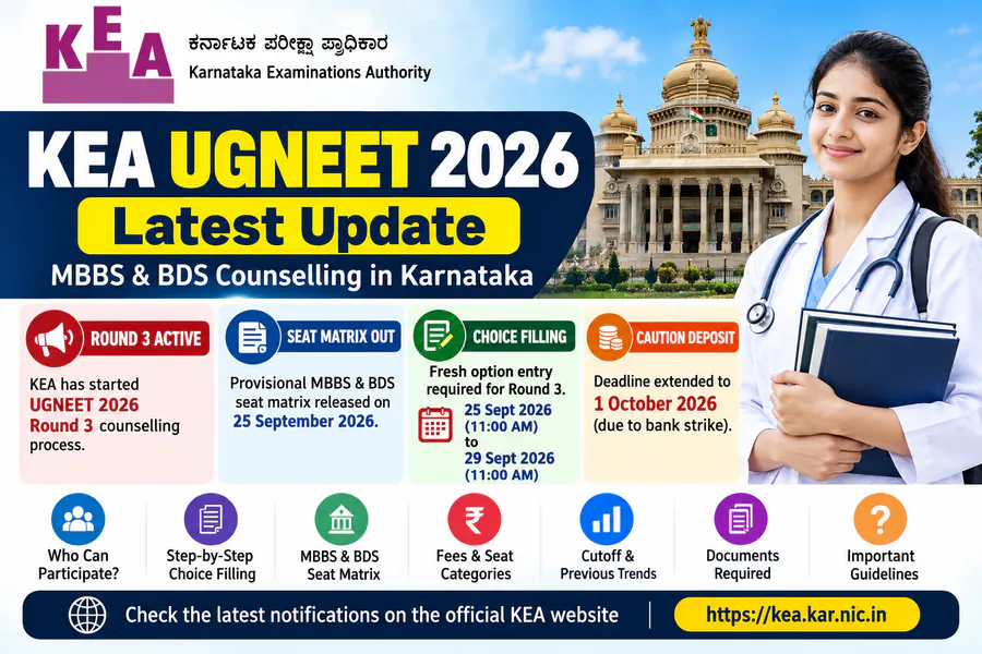 KEA UGNEET 2026 Latest Update: Round 3 Dates, Seat Matrix & Choice Filling